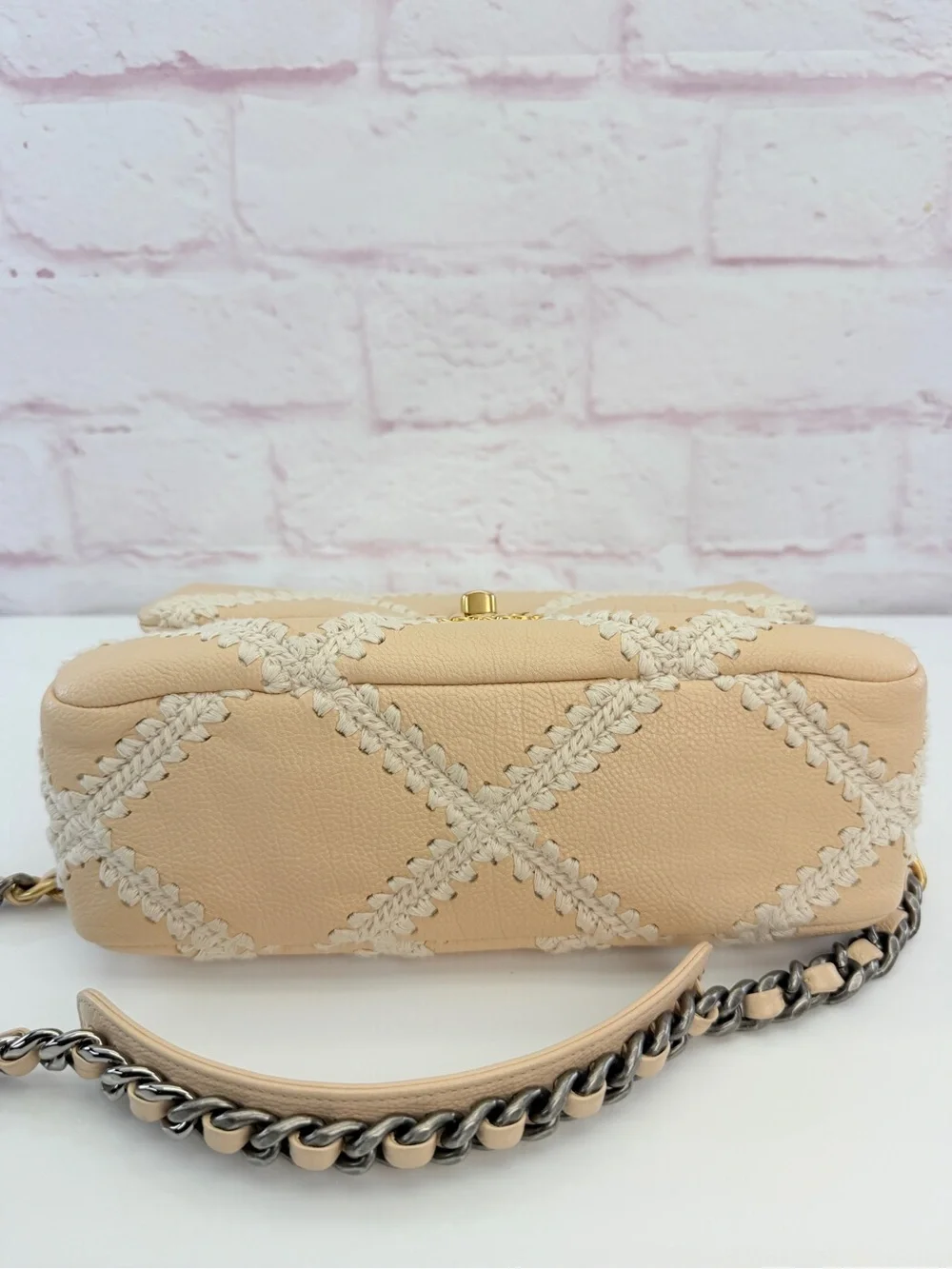 Chanel 19 Flap Medium Calfskin Crochet Shoulder Bag Beige